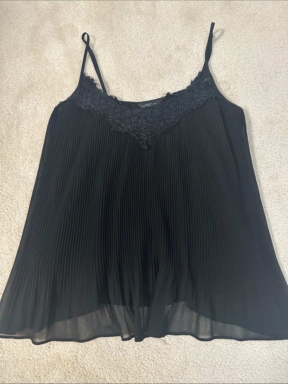 Zara Black Pleated Lace-Trim Cami Tank
